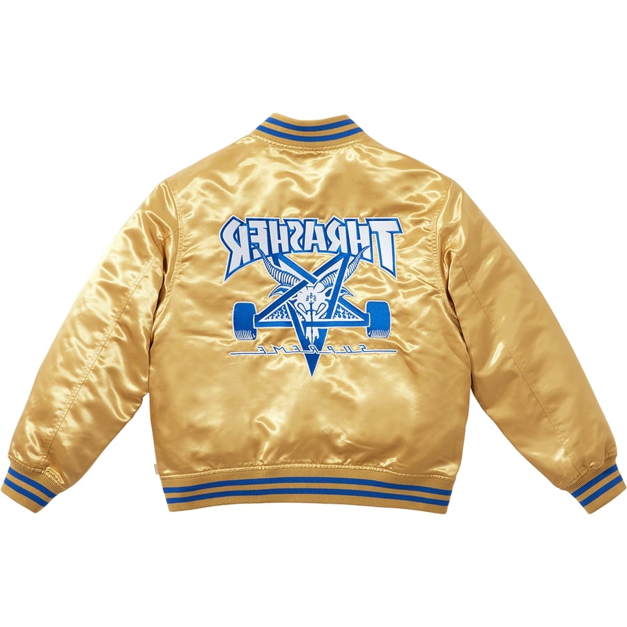 Details on Supreme Thrasher Satin Varsity Jacket  from fall winter
                                                    2021 (Price is $198)