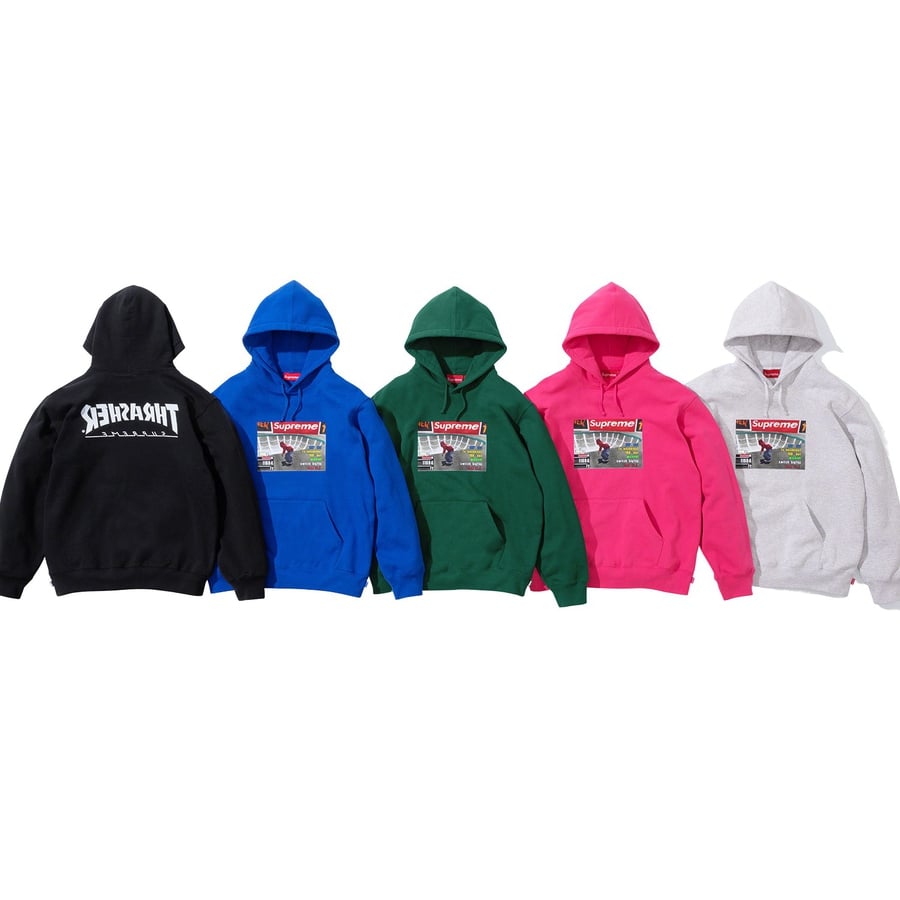 Details on Supreme Thrasher Hooded Sweatshirt from fall winter
                                            2021 (Price is $168)