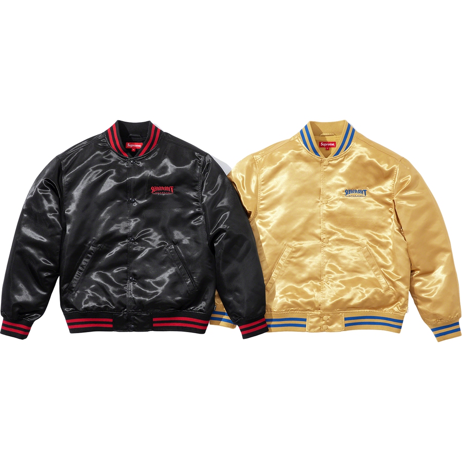Details on Supreme Thrasher Satin Varsity Jacket  from fall winter
                                                    2021 (Price is $198)