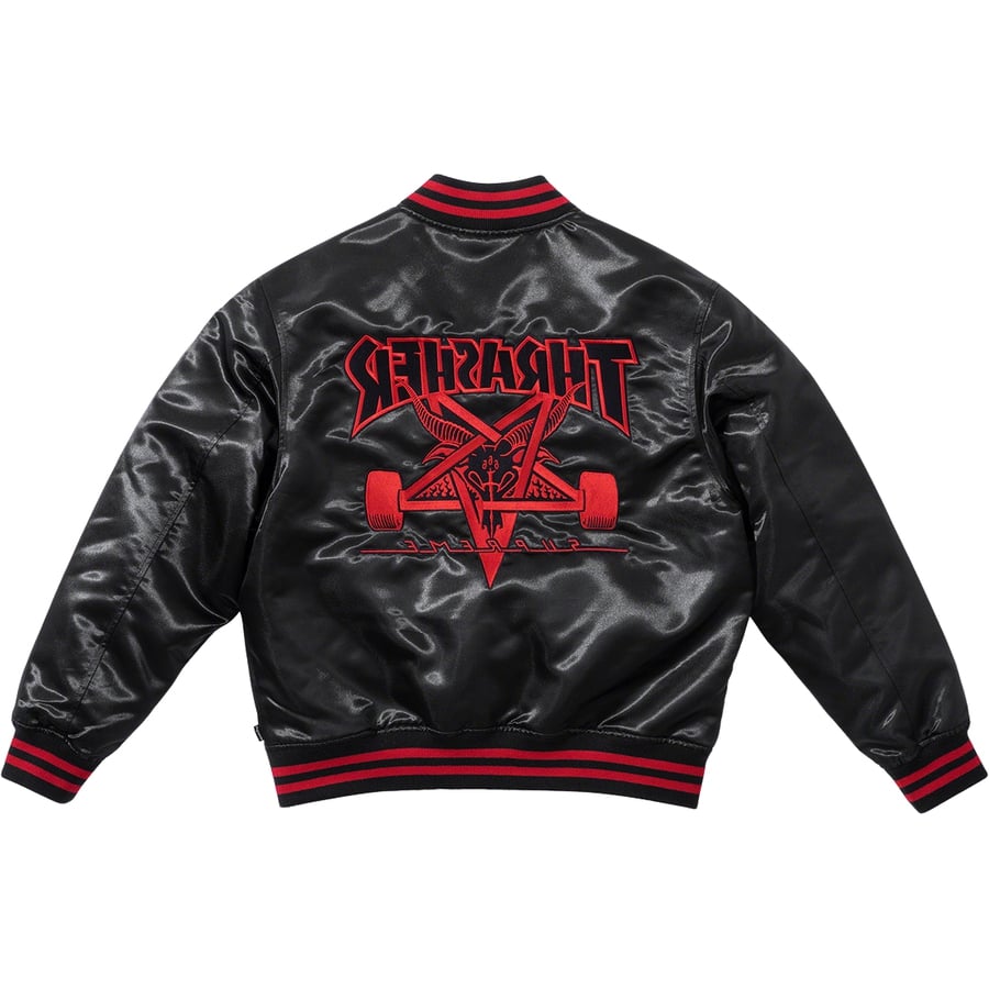 Details on Supreme Thrasher Satin Varsity Jacket  from fall winter
                                                    2021 (Price is $198)