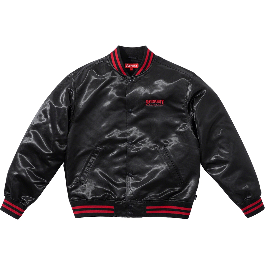 Details on Supreme Thrasher Satin Varsity Jacket  from fall winter
                                                    2021 (Price is $198)