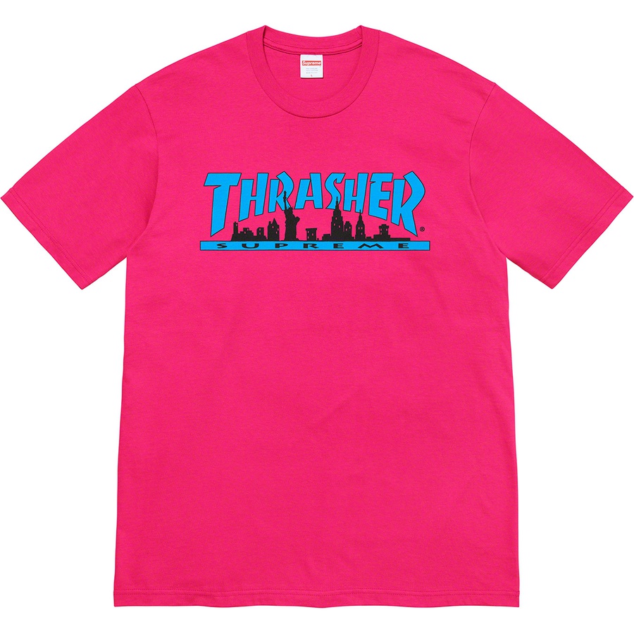 Details on Supreme Thrasher Skyline Tee Pink from fall winter 2021 (Price is $44)