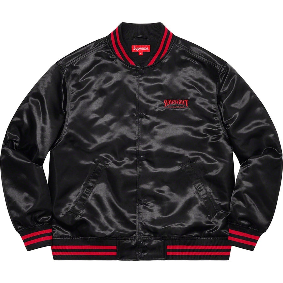 Details on Supreme Thrasher Satin Varsity Jacket Black from fall winter
                                                    2021 (Price is $198)