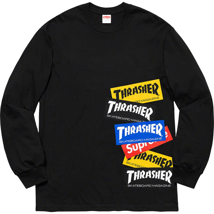 Details on Supreme Thrasher Multi Logo L S Tee Black from fall winter 2021 (Price is $54)