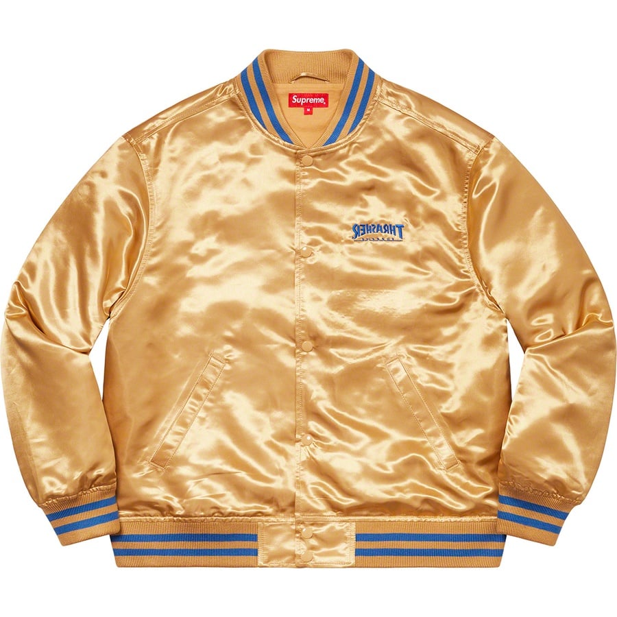 Details on Supreme Thrasher Satin Varsity Jacket Gold from fall winter
                                                    2021 (Price is $198)