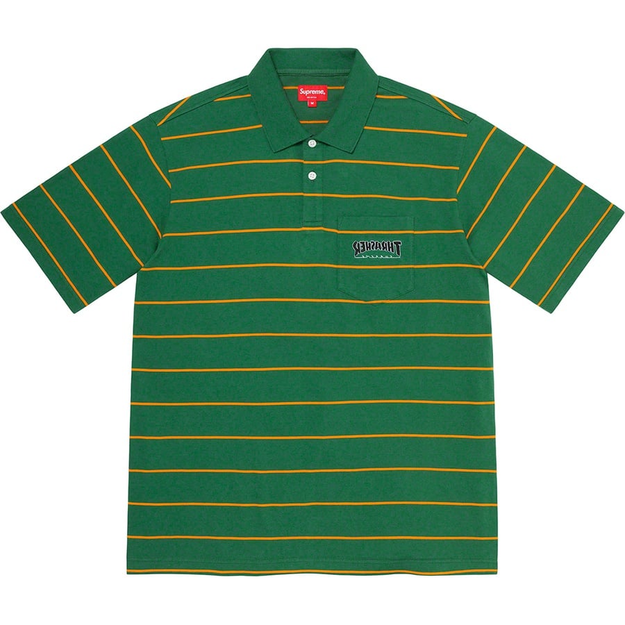 Details on Supreme Thrasher Stripe Polo Green from fall winter
                                                    2021 (Price is $98)