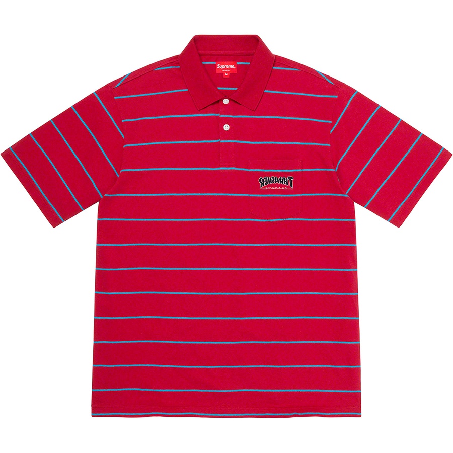 Details on Supreme Thrasher Stripe Polo Red from fall winter 2021 (Price is $98)