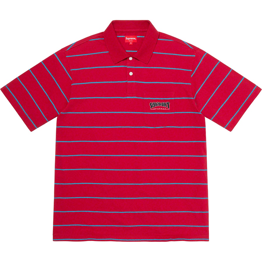 Details on Supreme Thrasher Stripe Polo Red from fall winter
                                                    2021 (Price is $98)