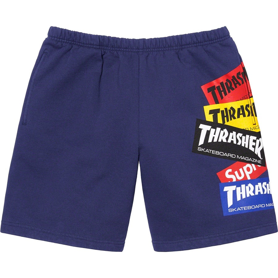 Details on Supreme Thrasher Multi Logo Sweatshort Washed Navy from fall winter 2021 (Price is $118)
