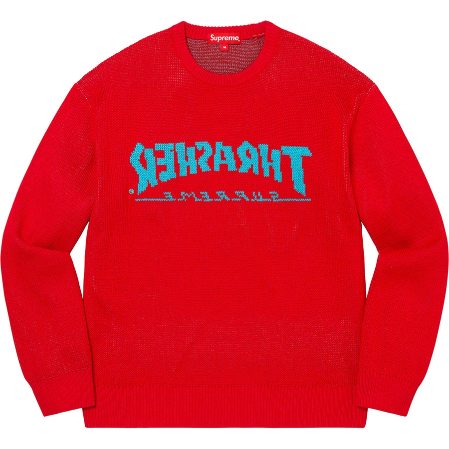Details on Supreme Thrasher Sweater Red from fall winter 2021 (Price is $168)