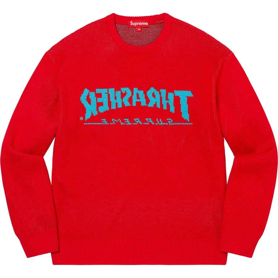 Details on Supreme Thrasher Sweater Red from fall winter
                                                    2021 (Price is $168)