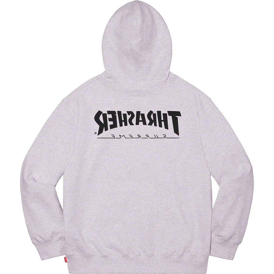 Details on Supreme Thrasher Hooded Sweatshirt Ash Grey from fall winter 2021 (Price is $168)