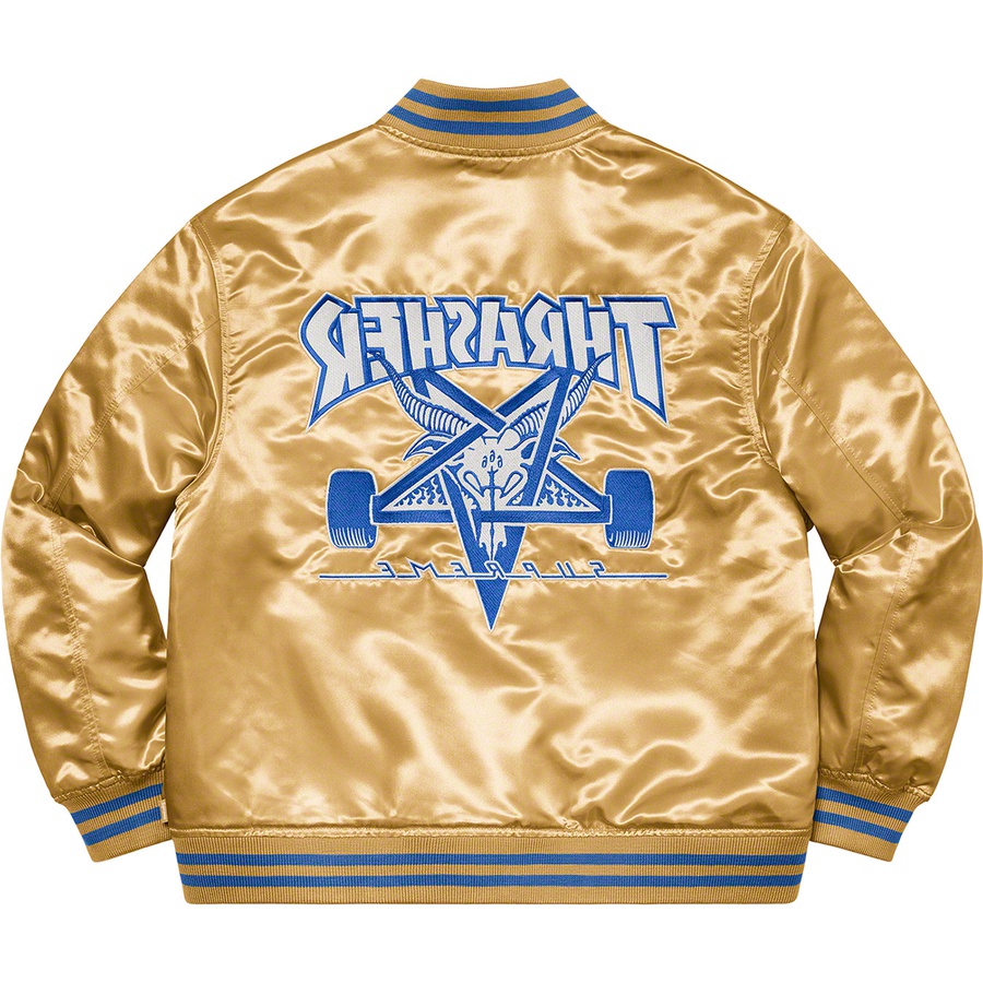 Details on Supreme Thrasher Satin Varsity Jacket Gold from fall winter
                                                    2021 (Price is $198)