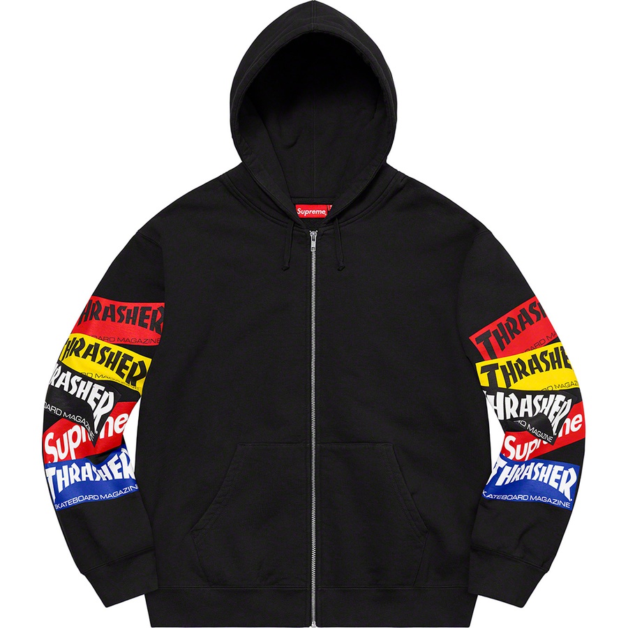 Details on Supreme Thrasher Multi Logo Zip Up Hooded Sweatshirt Black from fall winter 2021 (Price is $168)