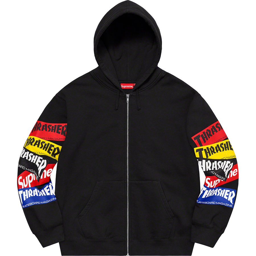 Details on Supreme Thrasher Multi Logo Zip Up Hooded Sweatshirt Black from fall winter
                                                    2021 (Price is $168)