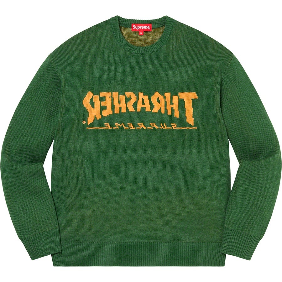 Details on Supreme Thrasher Sweater Green from fall winter
                                                    2021 (Price is $168)