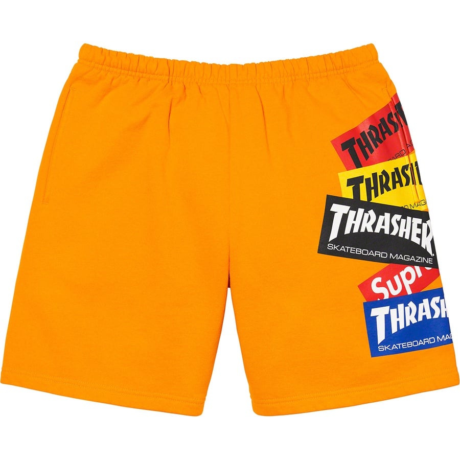 Details on Supreme Thrasher Multi Logo Sweatshort Gold from fall winter 2021 (Price is $118)