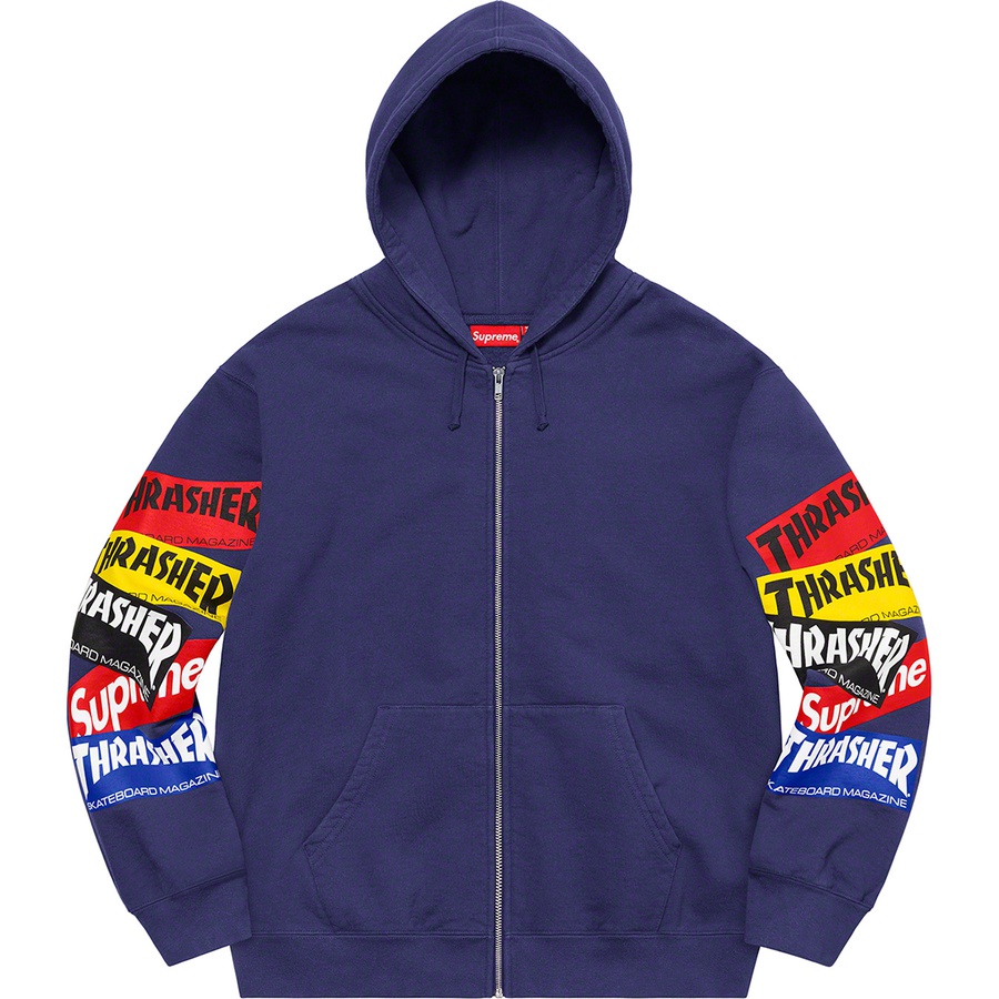 Details on Supreme Thrasher Multi Logo Zip Up Hooded Sweatshirt Washed Navy from fall winter 2021 (Price is $168)