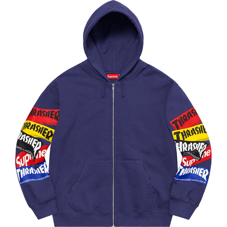 Details on Supreme Thrasher Multi Logo Zip Up Hooded Sweatshirt Washed Navy from fall winter
                                                    2021 (Price is $168)