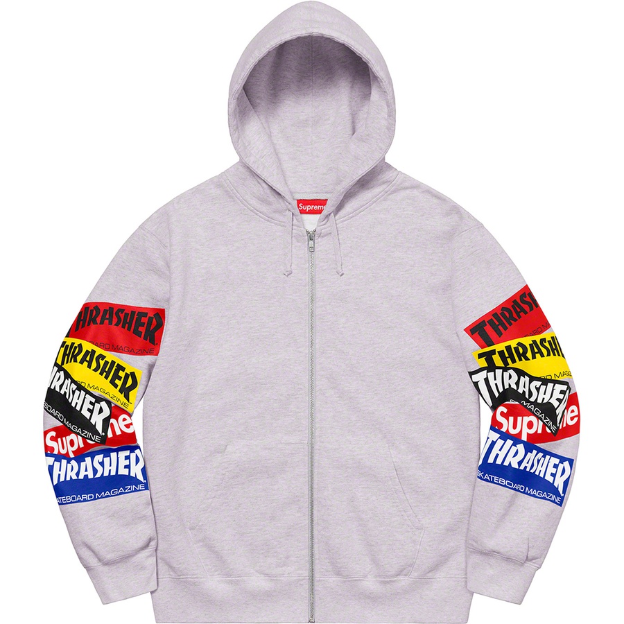 Details on Supreme Thrasher Multi Logo Zip Up Hooded Sweatshirt Ash Grey from fall winter 2021 (Price is $168)