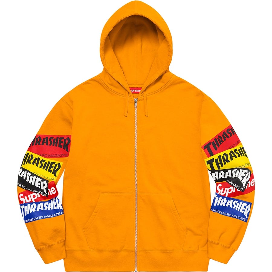 Details on Supreme Thrasher Multi Logo Zip Up Hooded Sweatshirt Gold from fall winter 2021 (Price is $168)