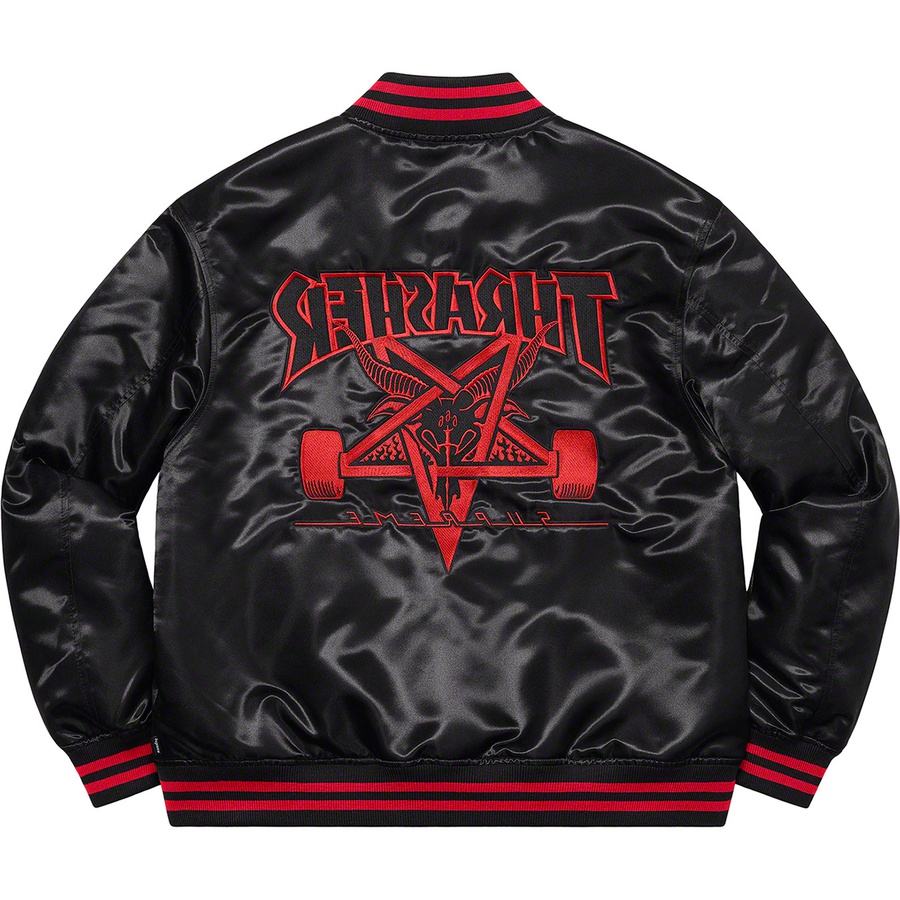 Details on Supreme Thrasher Satin Varsity Jacket Black from fall winter
                                                    2021 (Price is $198)