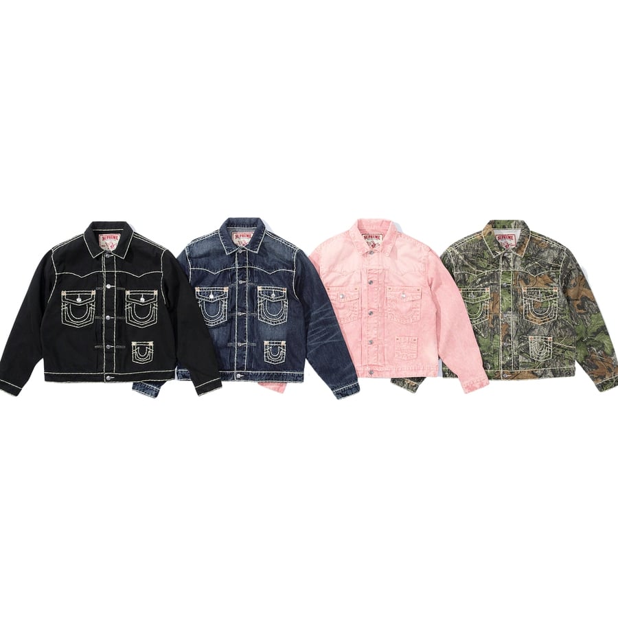 Details on Supreme True Religion Denim Trucker Jacket from fall winter
                                            2021 (Price is $268)