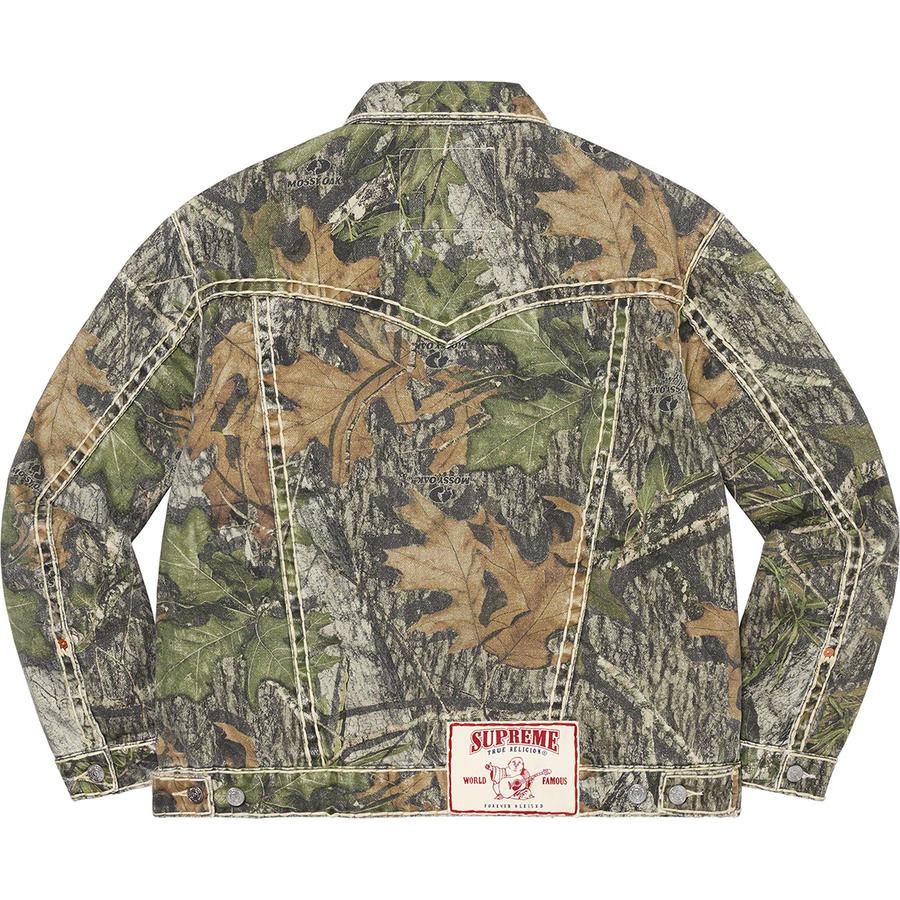 Details on Supreme True Religion Denim Trucker Jacket Mossy Oak® Camo from fall winter 2021 (Price is $268)