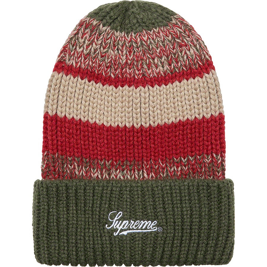 Details on Mixed Stripe Beanie Green from fall winter
                                                    2021 (Price is $38)