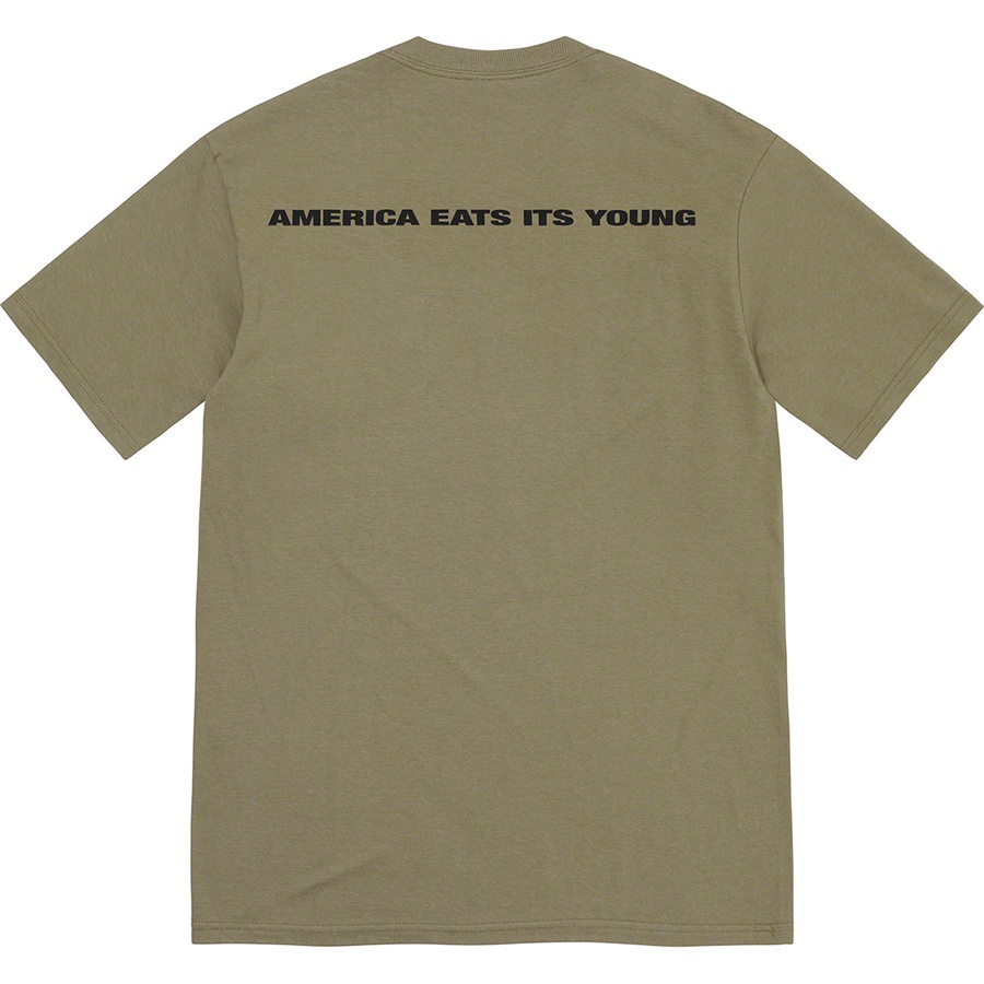 Details on America Eats Its Young Tee Light Olive from fall winter
                                                    2021 (Price is $44)
