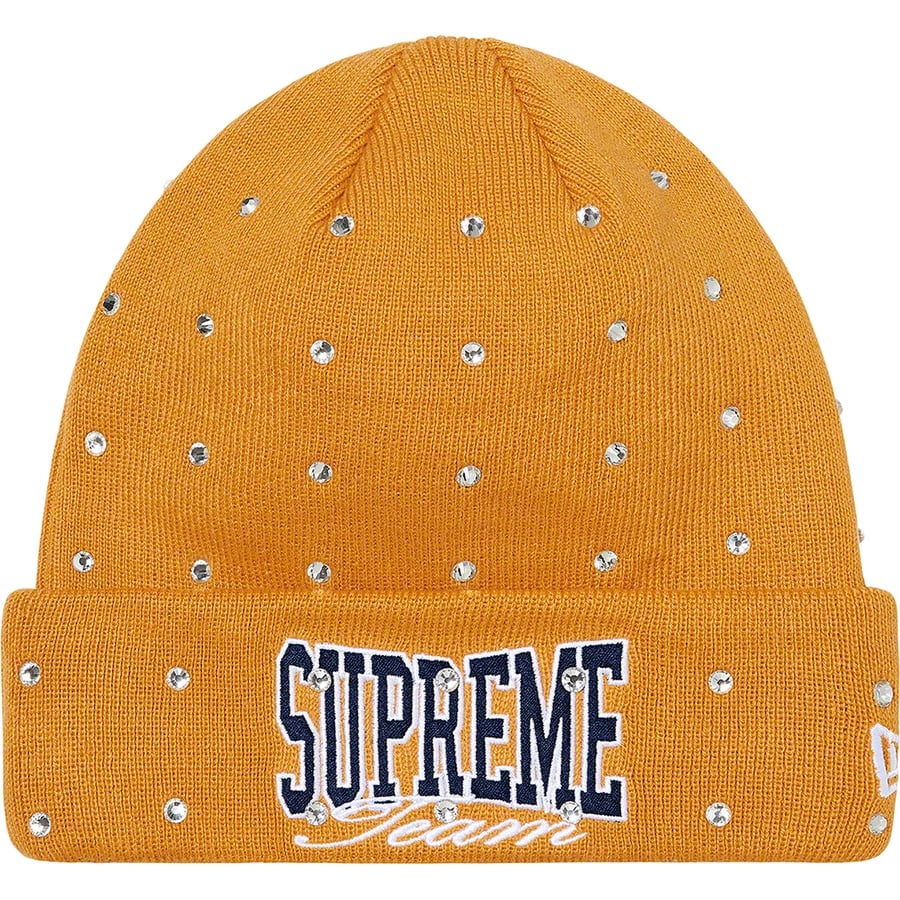 Details on New Era Rhinestone Beanie Light Mustard from fall winter
                                                    2021 (Price is $48)