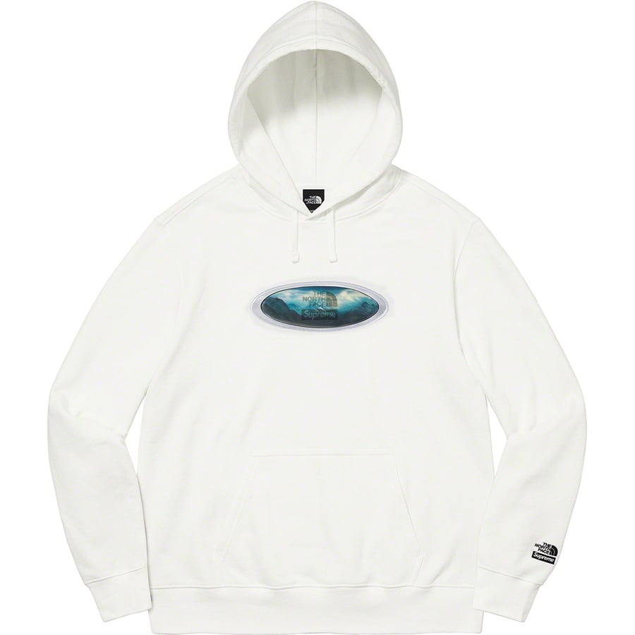 Details on Supreme The North Face Lenticular Mountains Hooded Sweatshirt White from fall winter
                                                    2021 (Price is $148)