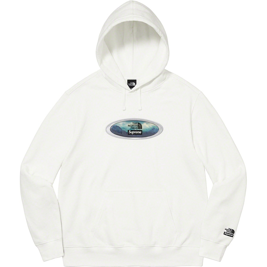 Details on Supreme The North Face Lenticular Mountains Hooded Sweatshirt White from fall winter
                                                    2021 (Price is $148)