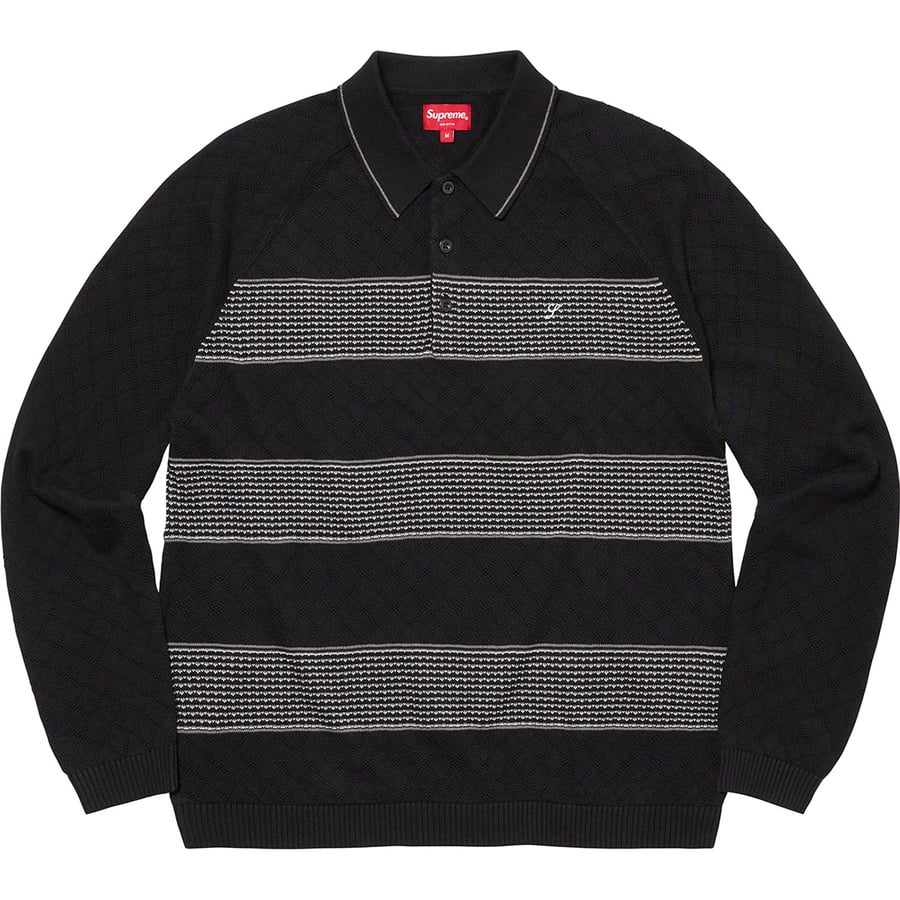 Details on Knit Stripe L S Polo Black from fall winter
                                                    2021 (Price is $128)