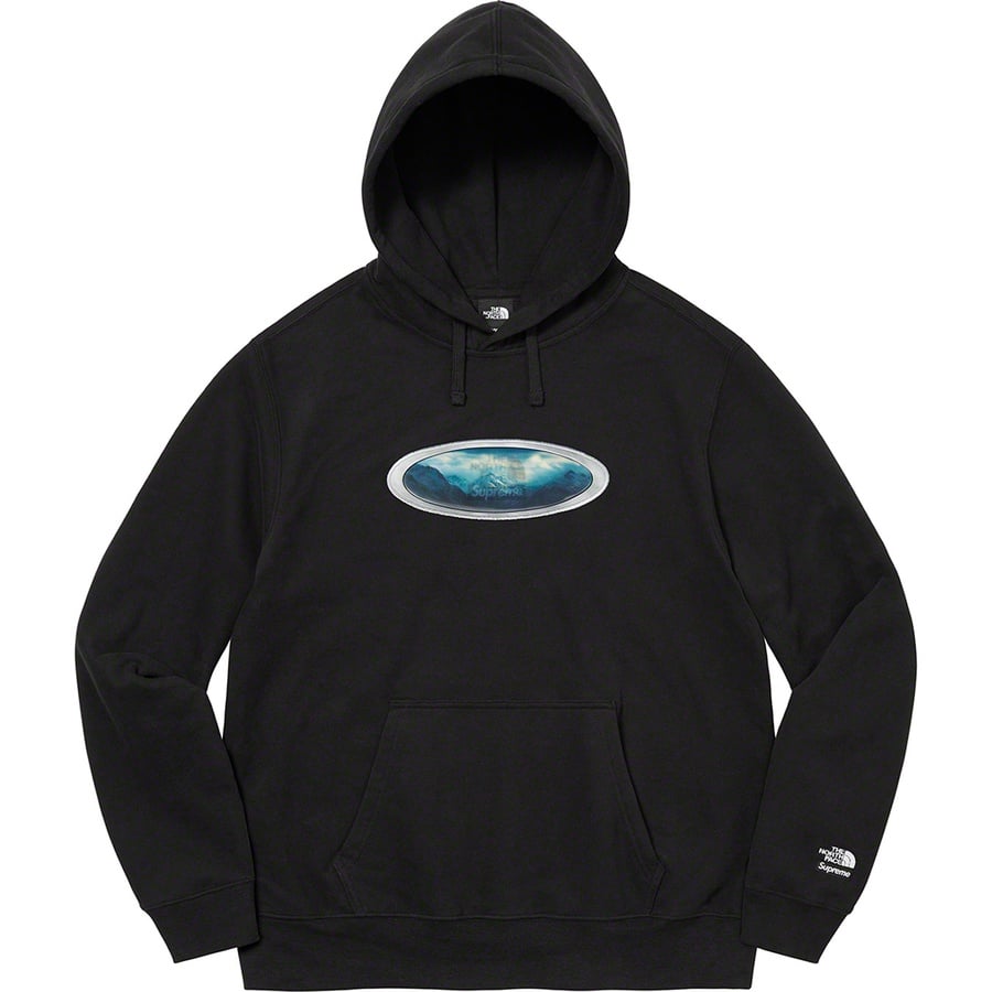 Details on Supreme The North Face Lenticular Mountains Hooded Sweatshirt Black from fall winter
                                                    2021 (Price is $148)