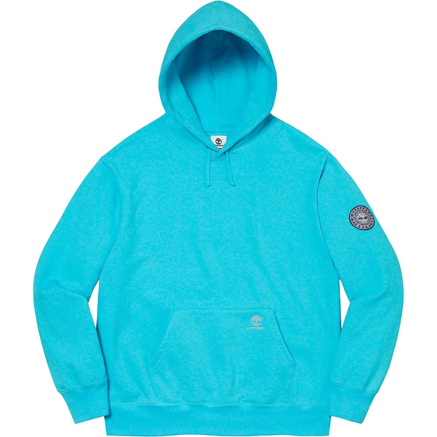 Details on Supreme Timberland Hooded Sweatshirt Bright Cyan from fall winter 2021 (Price is $168)