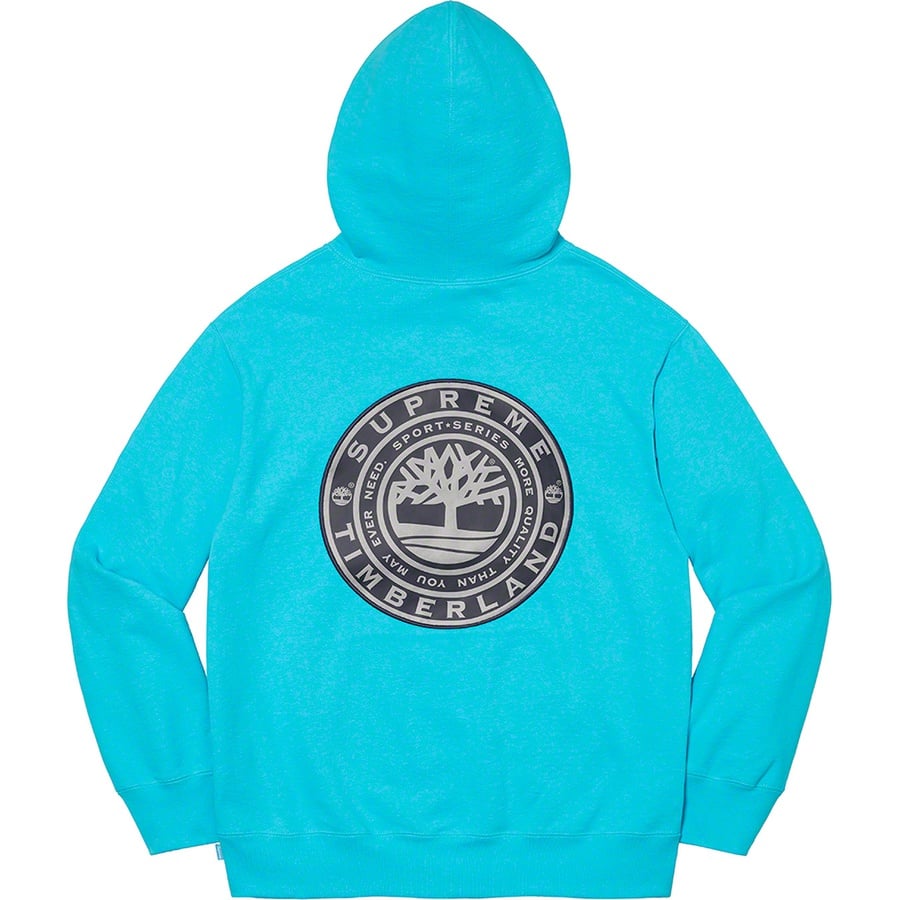 Details on Supreme Timberland Hooded Sweatshirt Bright Cyan from fall winter
                                                    2021 (Price is $168)