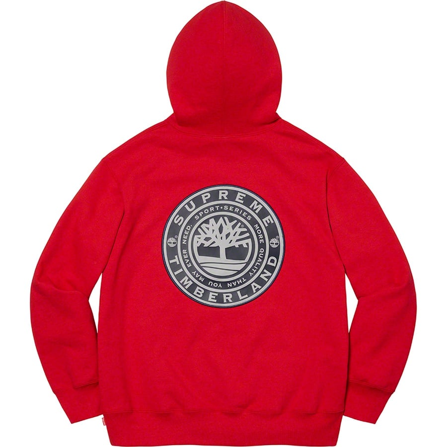 Details on Supreme Timberland Hooded Sweatshirt Red from fall winter 2021 (Price is $168)