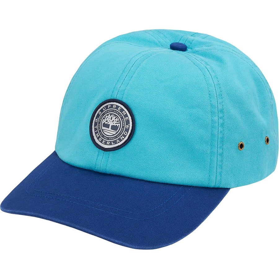 Details on Supreme Timberland 6-Panel Bright Blue from fall winter
                                                    2021 (Price is $48)