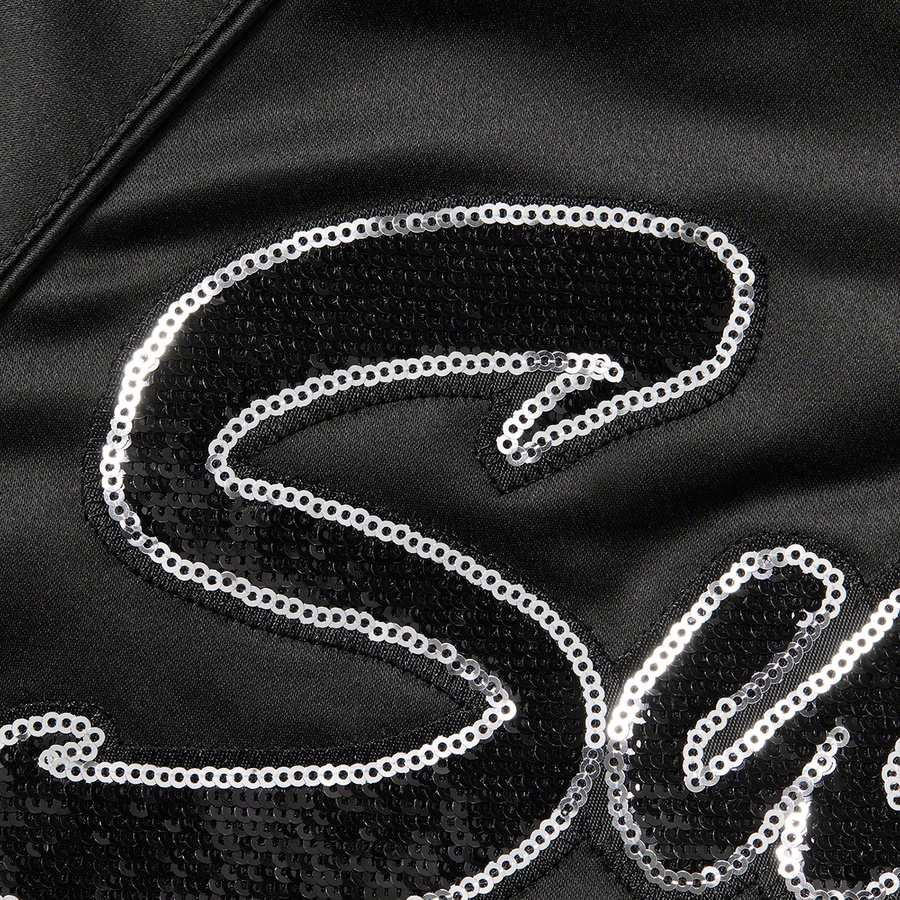 Details on Supreme Mitchell & Ness Sequin Logo Varsity Jacket Black from fall winter 2021 (Price is $248)