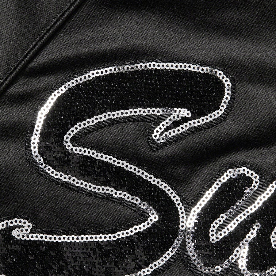 Details on Supreme Mitchell & Ness Sequin Logo Varsity Jacket Black from fall winter
                                                    2021 (Price is $248)