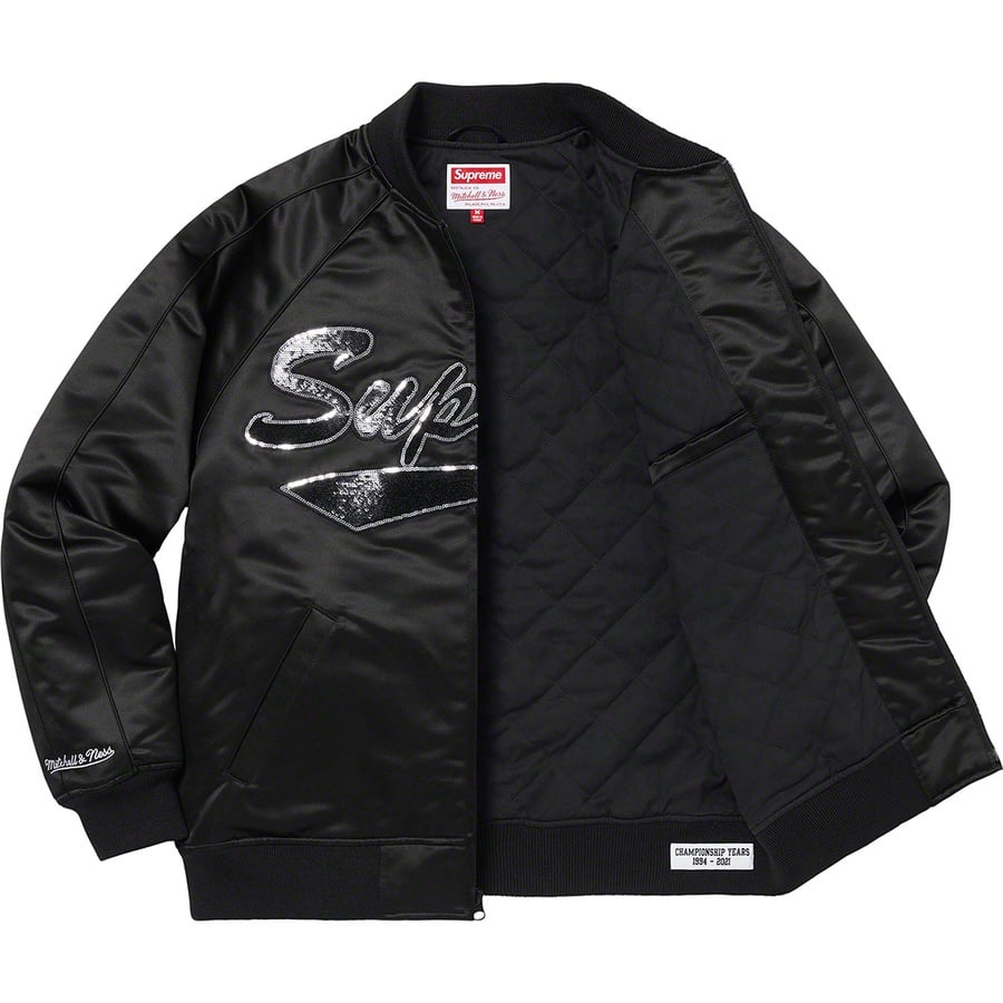 Details on Supreme Mitchell & Ness Sequin Logo Varsity Jacket Black from fall winter
                                                    2021 (Price is $248)