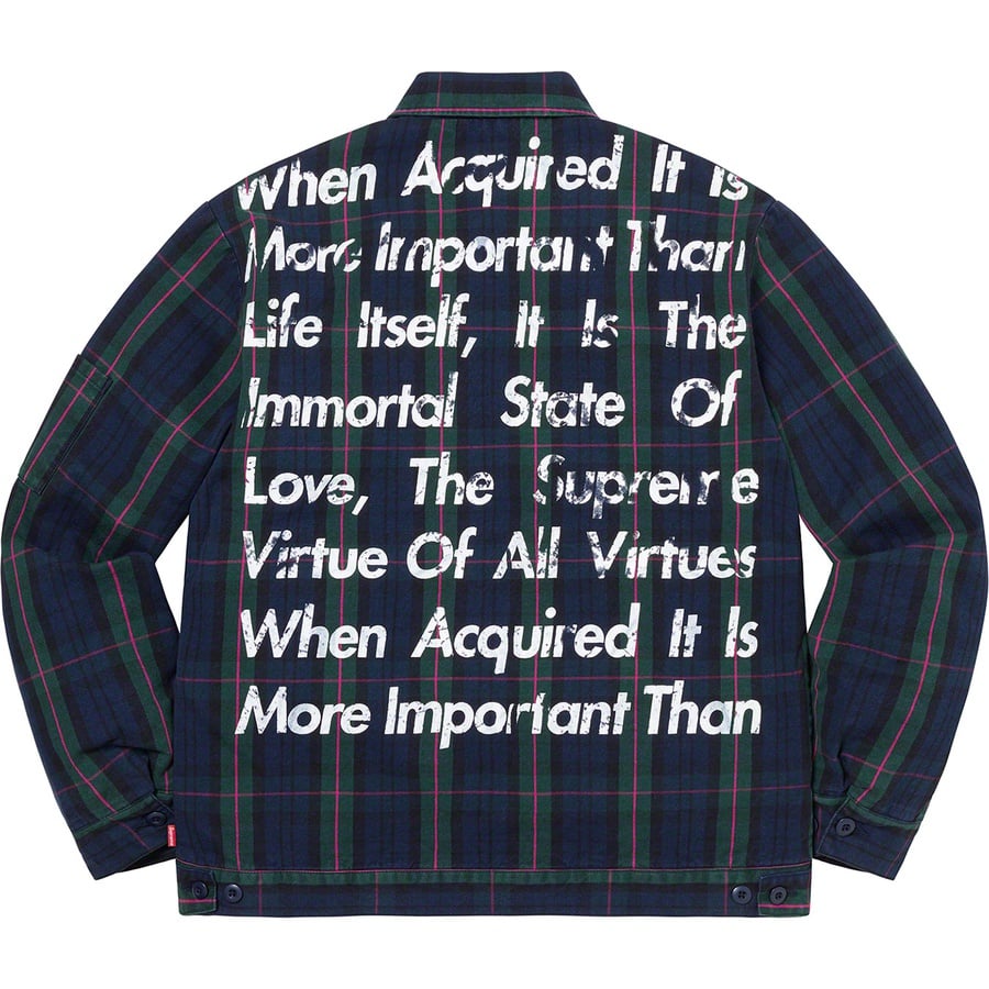 Details on Supreme JUNYA WATANABE COMME des GARÇONS MAN Printed Work Jacket Navy Plaid from fall winter
                                                    2021 (Price is $288)