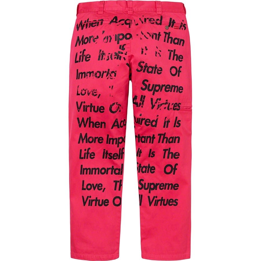 Details on Supreme JUNYA WATANABE COMME des GARÇONS MAN Printed Work Pant Bright Pink from fall winter
                                                    2021 (Price is $188)