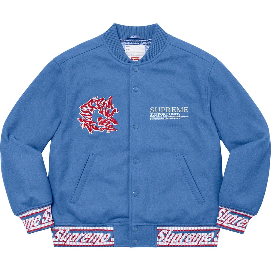 Details on Support Unit Varsity Jacket Light Blue from fall winter
                                                    2021 (Price is $388)