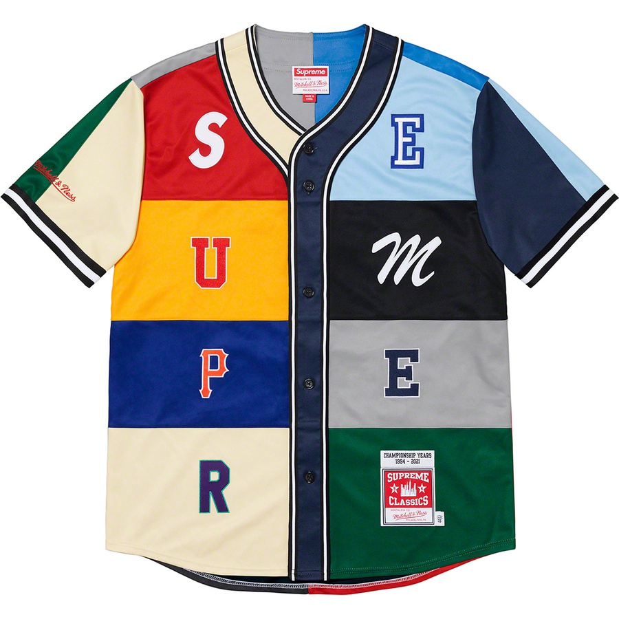 Details on Supreme Mitchell & Ness Patchwork Baseball Jersey Multicolor from fall winter 2021 (Price is $198)