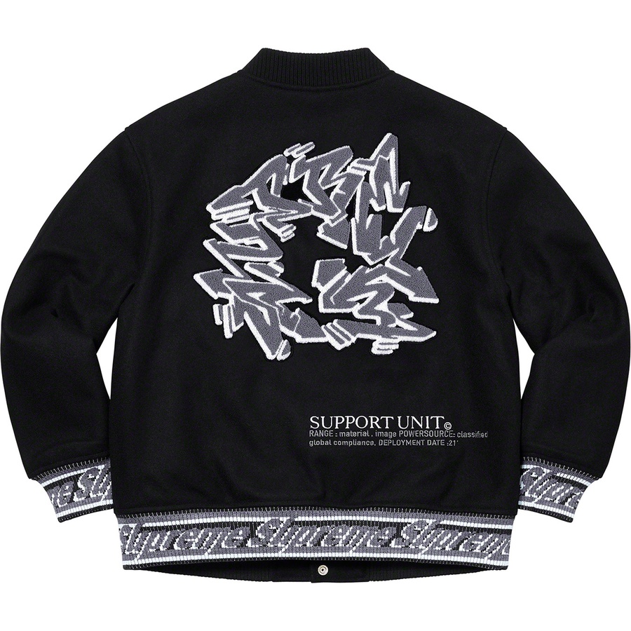 Details on Support Unit Varsity Jacket Black from fall winter
                                                    2021 (Price is $388)