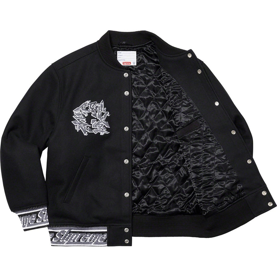 Details on Support Unit Varsity Jacket Black from fall winter 2021 (Price is $388)