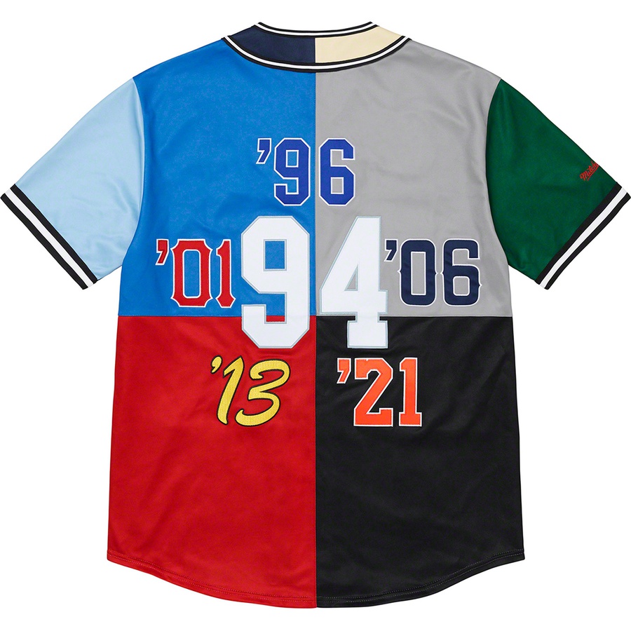 Details on Supreme Mitchell & Ness Patchwork Baseball Jersey Multicolor from fall winter 2021 (Price is $198)