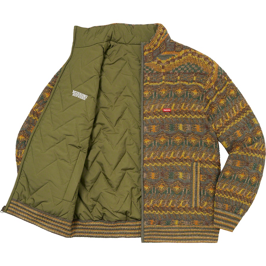 Details on Supreme Missoni Reversible Knit Jacket Olive from fall winter 2021 (Price is $498)